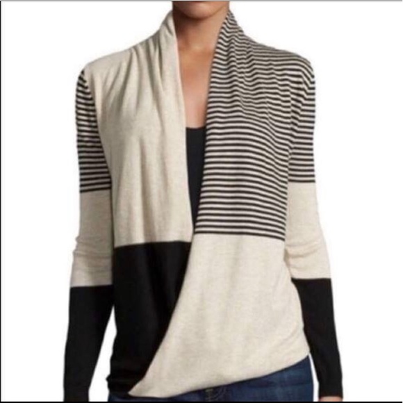 Max Studio Sweaters - Max Studio Striped Faux-Wrap Sweater Black Oatmeal